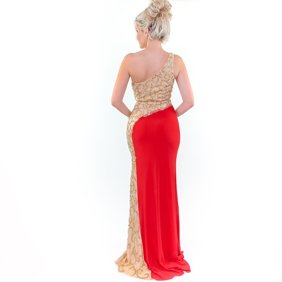 Red Illusion Beaded One Shoulder Evening Gown - Picture 6 of 8